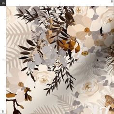 an image of a floral wallpaper with gold and silver flowers on white background,