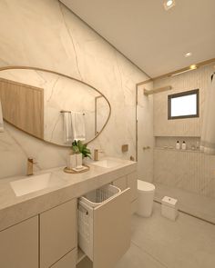 a bathroom with a sink, toilet and shower in it's own area is shown