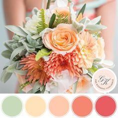 a bride holding a bouquet of flowers and greenery with the color swatches below