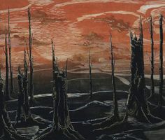 a painting of some trees in the water with an orange and red sky behind them