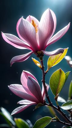 a pink flower with green leaves in the sunlight