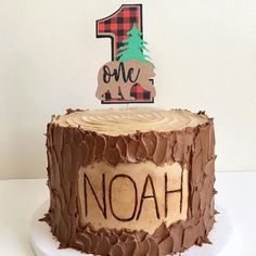 a one year old birthday cake with the number 1 on it and a moose topper