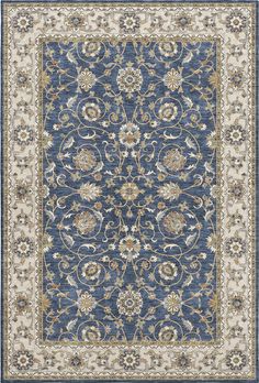 a blue and white rug with an ornate design