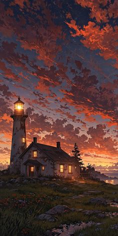 a painting of a lighthouse at sunset with the sky painted red and purple in the background