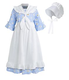 PRICES MAY VARY. Four Pieces Pioneer Dresses for Girls -- A plaid flowers long prairie dress, a white ruffle hem shawl, a white half apron and a pioneer bonnet. The girls colonial dresses would be perfect for who wants to be Laura Ingalls Wilder. Soft Material -- The girls pioneer costume is made of high quality cotton blend fabric, it's very comfortable to dress on your girl with this skin-friendly and breathable fabric. Gentle machine wash or hand wash, tumble dry low or hang dry, do not expos Pioneer Costume Kids, Pioneer Dresses, Colonial Dresses, Historical Cotton Prairie Dress For Daywear, White Victorian Prairie Dress, White Victorian Prairie Dress With Ruffles, Baby Prairie Dress, Pioneer Bonnet, Colonial Costume