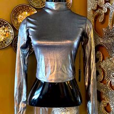 Shiny Silver Women’s Long Sleeve Crop Top. Size Small. New With Tags Metallic Fitted Trendy Crop Top, Trendy Fitted Metallic Crop Top, Chic Fitted Metallic Crop Top, Cropped Fitted Tops For Party, Fitted Metallic Top For Party Season, Fitted Cropped Tops For Party Season, Metallic Cropped Tops For Spring, Trendy Fitted Crop Top For Party Season, Chic Metallic Crop Top For Spring