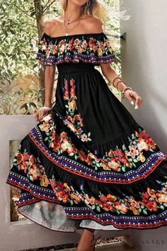 Lasaky - Delightful Botanical Prints Off-the-Shoulder Women's Dresses Mexican Fiesta Dresses, Loose Clothing, Fall Winter Dresses, Mexican Wedding, Printed Dresses, Themed Decor, Loose Outfit, Belleza Natural, Long Blouse