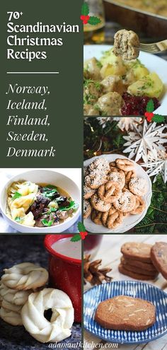 christmas food is shown in this collage with the words, 25 scandinavian christmas recipes