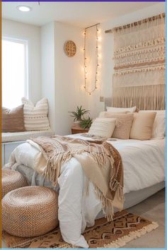 a bedroom with a bed, rugs and lights