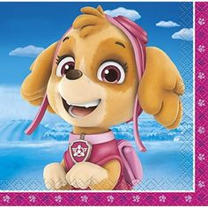 a paper napkin with a cartoon dog wearing a pink bandana on it's head