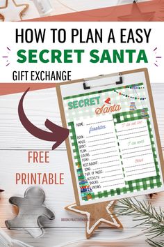 the secret santa gift exchange printable is shown on a clipboard and surrounded by other items