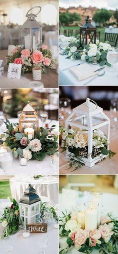 wedding decorations and flowers are shown in four different pictures, including a table with candles