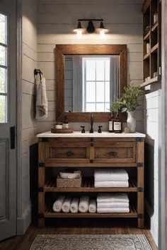 a bathroom with a sink, mirror and towels on the shelf in front of it