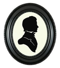 a black and white silhouette of a man's head in a round frame on a white background