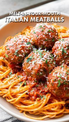 spaghetti and meatballs are served in a white bowl with the words meltin'your - mouth italian meatballs