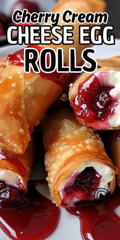 cherry cream cheese egg rolls on a white plate