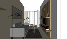 a drawing of a living room and dining area