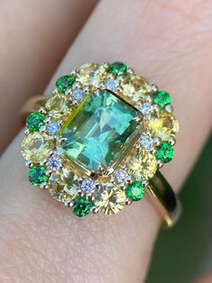 Minty Dream Candy Ring Green Tourmaline With Yellow Sapphire | Etsy Green Cluster Multi-stone Rings, Luxury Cluster Multi-stone Green Rings, Heirloom Green Cluster Ring, Green Emerald Cluster Ring With Center Stone, Green Multi-stone Gemstones In 14k Gold, Green 14k Gold Cluster Ring, Vintage Green Emerald Ring With Multi-stone, Vintage Multi-stone Green Emerald Ring, Green Cluster Multi-stone Jewelry