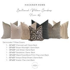 the back side of a pillow with different pillows on it and text that reads, hackner home