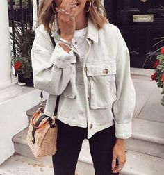 Oversized Boyfriend Cool Big Pockets Button Up Shirt Jacket Womens – sunifty Shirt Jacket Womens, Mode Shoes, Look Retro, Mode Inspo, Trend Fashion, White Jacket, 가을 패션, Looks Style, Outfit Casual