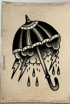 a drawing of an umbrella with rain drops on it