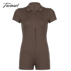 Tavimart Summer Women Casual Sport Short Jumpsuit Fashion Ribbed Collar Button Polo Neck Bodysuit Solid Color Summer Bodysuit With Buttons, Summer Bodysuit With Buttons, Fitted Solid Bodysuit With Button Closure, Fitted Bodysuit With Button Closure, Summer Fitted Bodysuit With Buttons, College Clothing, Bodysuit Short Sleeve, Collar Bodysuit, Short Sleeve Jumpsuit