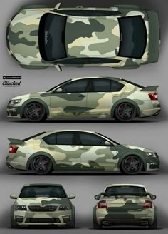 the car is camouflaged and ready to be painted in different colors, shapes and sizes