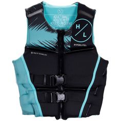 a life jacket with blue and black details