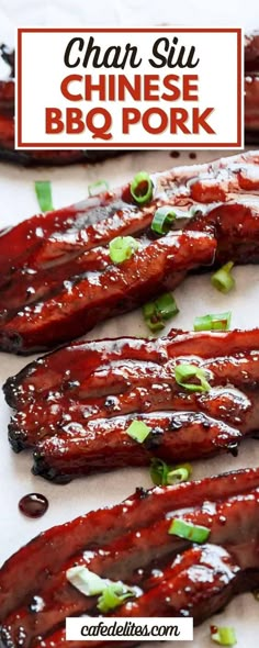 grilled ribs with sauce and scallions on a white plate next to the words, chan sii chinese bbq pork