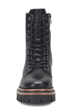 Bring rugged style to any look with this faux-leather combat boot constructed with comfortable cushioning and a lugged platform sole. Cushioning: absorbs impact and distributes weight for consistent, buoyant comfort under each step 2" heel; 1 1/2" platform; 1/2" slope Lace-up style; side zip closure Synthetic upper/textile lining/rubber sole Imported Black Combat Boots With Reinforced Toe For Fall, Rugged Black Combat Boots With Reinforced Heel, Edgy Outdoor Combat Boots With Lug Sole, Casual Moto Boots With Lug Sole In Faux Leather, Rugged Black Combat Boots With Lug Sole, Casual Faux Leather Moto Boots With Lug Sole, Edgy Leather Combat Boots For Outdoor, Faux Leather Ankle Combat Boots With Lug Sole, Black Rugged Moto Boots With Lug Sole