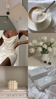 the collage shows white flowers, an apple laptop and a cup of coffee with marshmallows in it