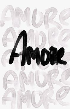 the words amore are painted in black and white with some brush strokes on it