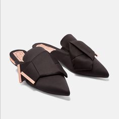 Ted Baker Women's Black Knotted Bow Backless Satin Loafers Size 6 Brand New Never Worn No Box Chic Black Slip-ons With Removable Insole, Elegant Black Slip-ons For Summer, Chic Black Slip-on Slippers, Elegant Black Slippers For Spring, Elegant Black Work Slippers, Elegant Black Slippers, Elegant Black Flat Mules, Elegant Black Open Toe Slippers, Black Slip-ons For Evening