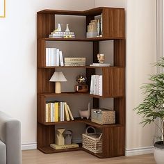 a living room with a couch and a book shelf in the corner next to a potted plant