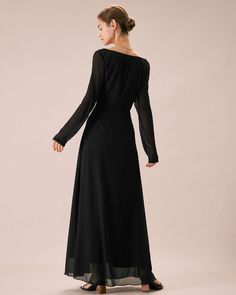 Details: - Polyester - A-Line - Ankle Length Maxi - Cowl Neck - Long Sleeves - Sheer See Through - Solid - No Stretch - Formal - Vintage - Slim Fabric This Black Maxi Dress is made of Polyester. Polyester is an artificial fiber that feels soft, looks lustrous, and dries fast. It's also durable, with good resistance to wrinkles, stains, and sunlight. Description: Long sleeve maxi dresses are an elegant and versatile wardrobe staple that seamlessly combines style and comfort. Characterized by thei Black V-neck Maxi Dress With Flattering Silhouette, Party Long Sleeve Maxi Dress With Flattering Silhouette, Long Sleeve Maxi Dress For Party With Flattering Silhouette, Flattering Long Sleeve Maxi Dress For Party, Black Maxi Dress With Flattering Silhouette For Work, Long Black Dresses For Work, Chic Black Maxi Dress For Fall, Chic Black Maxi Dress With Flattering Silhouette, Chic Long Sleeve Maxi Dress With Flattering Silhouette