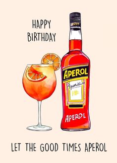 a happy birthday card with an image of a bottle of aperol and a glass of wine