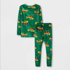 Cat & Jack Toddler Pajama Set Size 18m Playful Green Cartoon Print Sleepwear, Cotton Long Sleeve Dinosaur Print Set, Cotton Long Sleeve Sets With Dinosaur Print, Green Dinosaur Print Playwear Sets, Green Dinosaur Print Sets For Playwear, Mermaid Onesie, Navy Blue Pajamas, Elf Pajamas, Dinosaur Pajamas