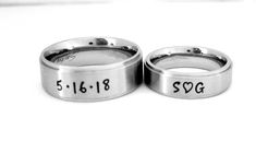 "AWESOME 6 mm Comfort Fit Band, goes on like silk and will be the most comfortable ring you'll ever wear. This is a stainless steel brushed finish on a flat surface with a shiny belveled rim. Add names, dates, quotes, coordinates, scripture or Roman Numerals. I hand stamp each letter then use the best quality black jewelry paint, clean and polish. If you want the ring with no paint in the stamping leave note. I ONLY stamp on the outside of the ring. To customize: at checkout in box \"note to Let Customizable Couples Jewelry For Anniversary, Stainless Steel Round Band Ring For Anniversary, Personalized Couples Jewelry, Silver Engraved Ring With Custom Text For Anniversary, Silver Engraved Ring For Anniversary With Custom Text, Personalized Silver Wedding Ring, Customized Adjustable Engraved Promise Ring, Custom Engraved Adjustable Promise Ring, Silver Anniversary Ring With Custom Engraving