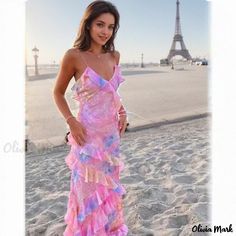 Olivia Mark - Fashionable Printed Sexy Strappy Open Back Irregular Hem Dress Beach Season Party Maxi Dress With Ruffles, Flirty Summer Maxi Dress, Fitted Ruffle Maxi Dress For Beach Season, Fitted Maxi Dress With Ruffles For Beach Season, Summer Ruffle Maxi Dress For Night Out, Summer Ruffles Maxi Dress For Night Out, Summer Maxi Dress With Ruffles For Night Out, Trendy Ruffled Maxi Dress For Party, Trendy Pink Maxi Dress For Party