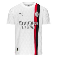 a white shirt with black and red stripes on the chest, which reads emiratess fly better