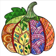 a colorful pumpkin with leaves and swirls on it's side, in the shape of a mosaic