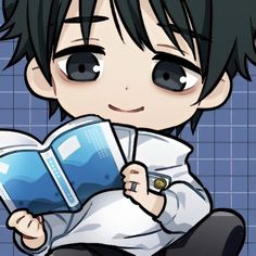 an anime character with black hair holding a book and looking at the camera while sitting down