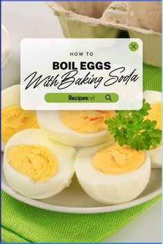 how to boil eggs with baking soda recipe on a plate next to an egg carton