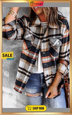 Geometric Plaid Print Pocketed Shacket Fall Patchwork Outerwear With Lapel Collar, Pocket Shirt, Plaid Print, Outerwear Women, On Sale, Jackets For Women, Plaid, Free Shipping, Blue