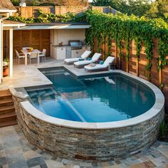 a backyard with a pool and patio furniture