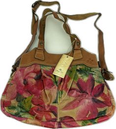 Floral Print Leather Shoulder Bag, Spring Floral Print Satchel For Everyday Use, Floral Print Satchel For Everyday Spring Use, Leather Floral Print Satchel Shoulder Bag, Leather Bag With Floral Print For Spring, Leather Tote Bag With Floral Print, Floral Print Satchel For Everyday Use, Travel Floral Print Leather Shoulder Bag, Leather Floral Print Shoulder Bag For Travel