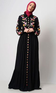 English Rose Embroidered Abaya Stylish Abaya, Embroidered Abaya, Motif Bordir, Dress Muslim, Beautiful Dress Designs, Abaya Designs, Muslimah Fashion Outfits, Abaya Dress, English Rose