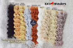 several different colored curly hair on top of a white towel with the words kins and wonders