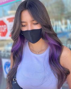 Hair Peekaboo Color Brunettes, Hair Color Ideas Underneath Colour Purple, Purple Peak A Boo Highlights, Brunette Hair With Purple Peekaboos, What To Dye My Hair, Dark Brown Hair With Purple Peekaboos, Colored Peekaboo Highlights, Boho Hair Color Ideas, Brown Hair With Purple Peekaboos