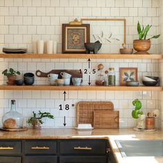 the kitchen shelves are filled with pots, bowls and other things to cook in them